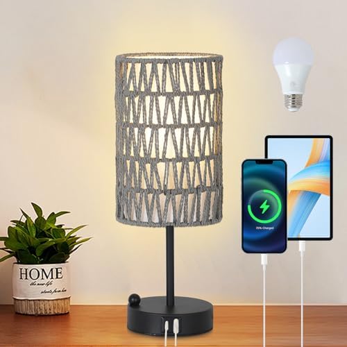 Touch Bedside Lamp For Bedroom with Bulb, Gray Boho Small Table Lamp For Living Room With Rattan & Linen Shade, 3 Way Dimmable Table Lamp For Nightstand With USB Charging Port & Phone Stand For Office by LightingFixtures