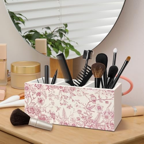 Chinoiserie Floarl Pen Holder for Home Office Desk, Vintage Home Decor, Chinoiserie Blue and White Floral Birds Makeup Brush Toothbrush Holder Organizer for Bathroom Desk Accessories(Pink) - Image 4