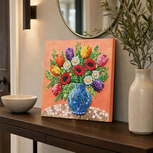 Framed Button Art Kit 11.8" DIY Mosaic Craft for Adults(Peony Vase) - Image 3