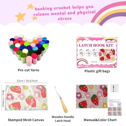 MeoobkCraft Latch Hook Kits for Adults Beginners, Pre-Printed Strawberry Floral Latch Hook Rug Kit, Aesthetic Pink Fruit Flower DIY Rug Craft Kit for Home Decor 20.47 x 14.96 in - Image 4