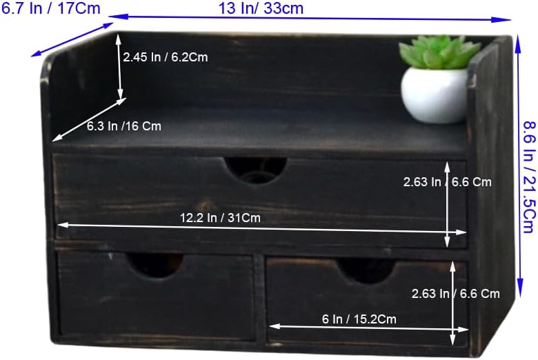 Vintage Rustic Wooden 3 Drawer with Shelf Office Desk Organizer & Mail Rack For Desktop,makeup holder Box for Office Home Toiletries Supplies Vanity, No Assembly Required (Rustic Black) - Image 2