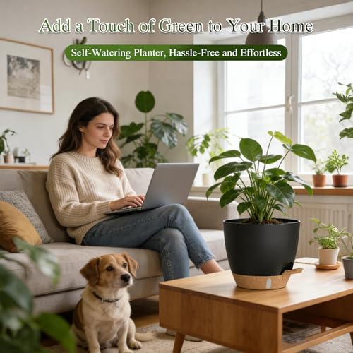 Self Watering Pots with Drainage Holes, 2 Pack 8 Inch Plant Pots with Water Level Indicator Deep Reservoir, Large Plastic Planter for Indoor Outdoor Plants - Black Brown - Image 5
