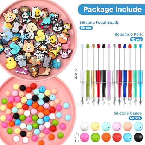Humyoun 122 Pcs Beadable Pen DIY Kit with Silicone Beads, Stylish Style - Image 2