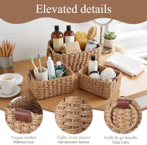 3 Pcs Woven Storage Basket, Multi Size Paper Rope Small Wicker Basket Storage Bins, Small Bathroom Baskets for Organizing Shelves, Cabinet, Pantry, Living Room, Wedding Bathroom - Brown - Image 3