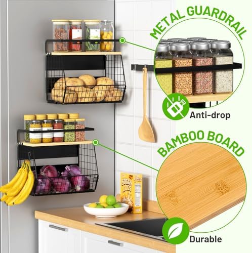 2 Set Magnetic Shelf for Refrigerator with Wood Lid, Fruit Potato & Onion Storage Bins, Pantry Organizers & Storage, Large Container Magnetic Spice Rack for Refrigerator, Kitchen Counter, Cabinet - Image 5