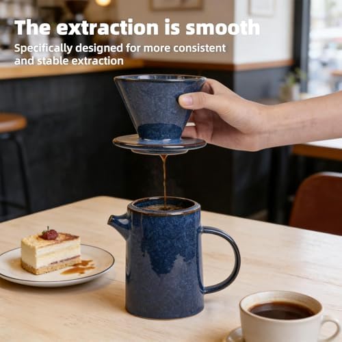 Pour Over Coffee Maker, Ceramic Pour Over Coffee Dripper Set With 20 Paper Filters, 16.5oz/500ml (Royal Blue, V02) - Image 5