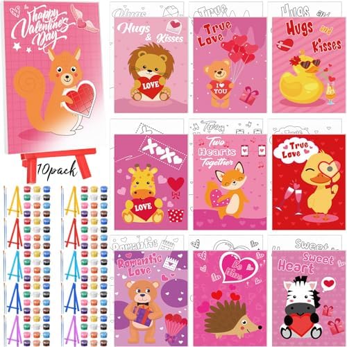 Blosssound 10 Set Valentine's Day Jungle Animals Pre Printed Canvas Pre Drawn Canvas Painting with Easel Kits 5" x 7" Outline Painting Panels for Beginners, DIY Craft Project, Party Favor, Home Decors by Blosssound