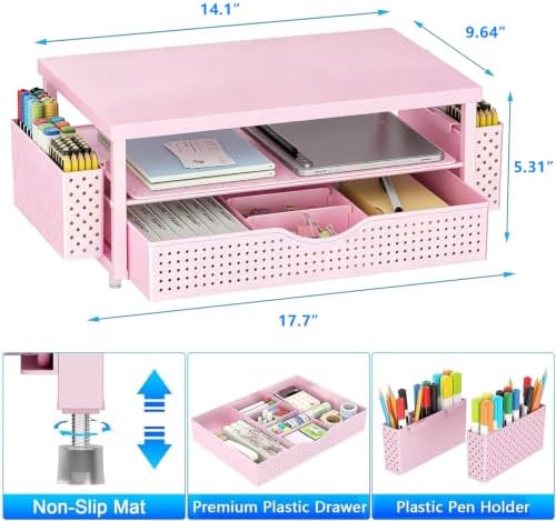 Monitor Stand with Drawer and 2 Pen Holders (Matte Pink) - Image 5