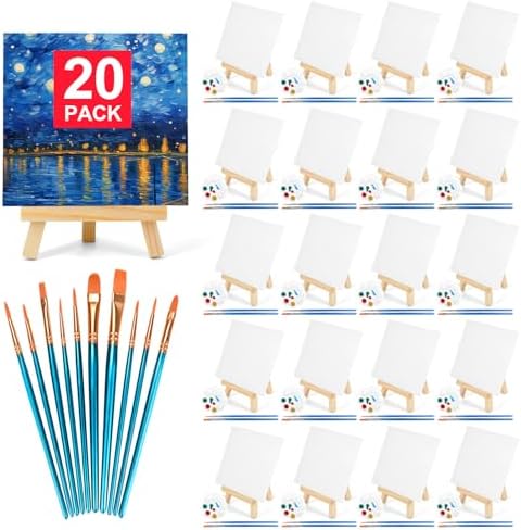20 Pack 5.9In Canvas Boards for Painting, Art Canvas for Drawing with 10 Brushes & 5 Paint Trays, Mini Painting Canvas with Easel Set, Painting Kits for Adults Party by Pomaylor