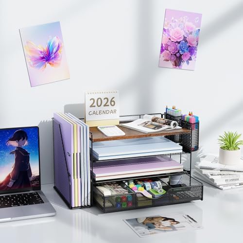 gianotter Desk Organizers and Accessories with File Holder, 4-Tier Desk Accessories & Workspace Organizers with Drawer and 2 Pen Holder, Paper Organizer for Office Supplies (Wood) - Image 7