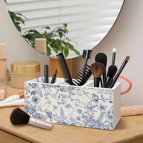 Chinoiserie Floarl Pen Holder for Home Office Desk, Vintage Home Decor, Chinoiserie Blue and White Floral Birds Makeup Brush Toothbrush Holder Organizer for Bathroom Desk Accessories - Image 4