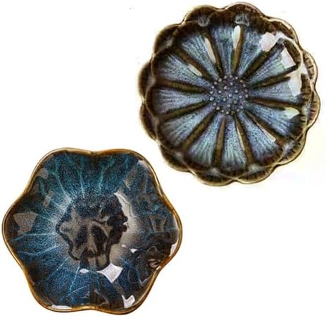 Ceramic Leaf Trinket Dish - 4-Leaf Clover Ring Holder & Lotus Jewelry Tray, Elegant Decorative Gift for Women (Dark Blue Sunflower + Lotus Leaf) by Bngukju