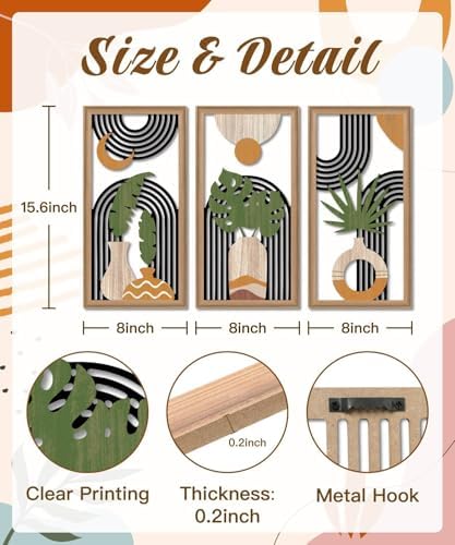 Putuo Decor Boho Abstract Wall Art Set of 3, Modern Minimalist Wooden Wall Decor, Geometric Aesthetic Botanical Artwork, Mid-Century Modern Design for Living Room, Bedroom, Office, Black 16.5 x 8.6 - Image 2
