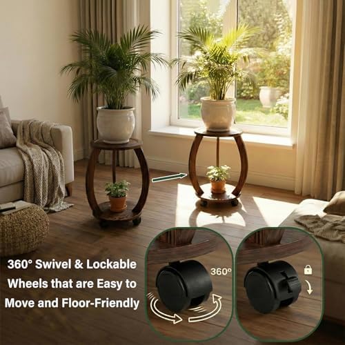 2 Pack 2 Tier Wooden Plant Stand Indoor with Wheels – Tall Plant Stand for 6-12 Inch Pots, Mid-Century Modern Rustic Plant Table Indoor, Pedestal Stand for Corner, Living Room, Balcony - Image 6
