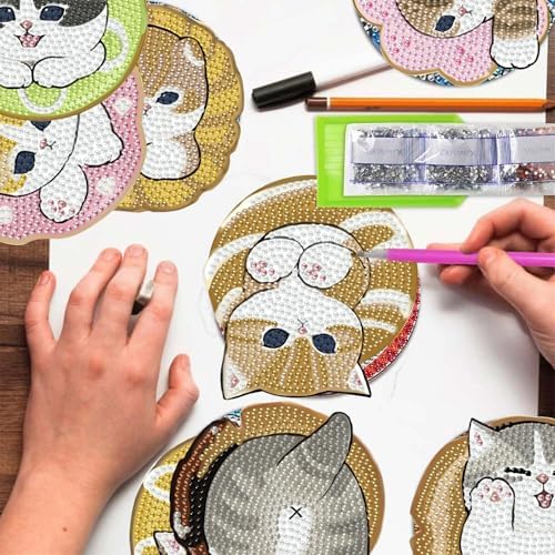 TCDZMYGS 8 Pcs Cute Cat Diamond Art Painting Coasters Kits, Cat Coaster with Holder for Adults, Non-Slip DIY Dot Paint Craft Kits, 5D Full Drill DIY Diamond Dot Gem Art Kit Home Decor Arts Craft - Image 5