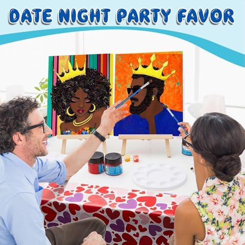 Yeaqee 13 Pcs Sip and Paint Kit for Adults Stretch Canvas Date Night Valentines Painting Kit Supplies Art Painting Set Outline Design Blank Stretch Canvas for Couple Party(Afro King Queen,11x14) - Image 5