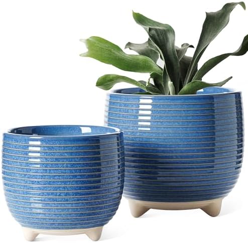 LE TAUCI Ceramic Plant Pots, 5.1 + 6.4 Inch Footed Pots for Plants, Modern Flower Pots for Home and Office, Indoor Planters with Drainage, Reactive Glaze Blue by LETAUCI