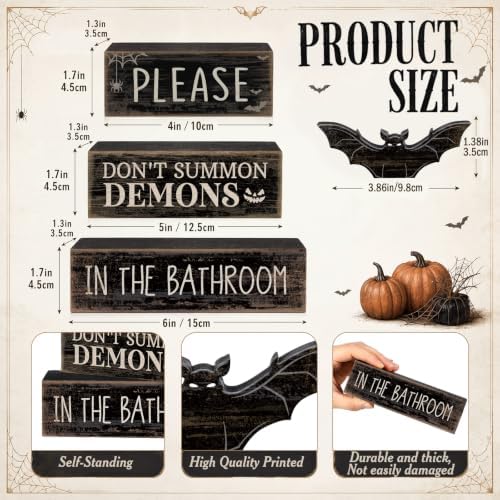 Moucuny 4 Pcs Halloween Bathroom Decoration Gothic Bat Wooden Stacked Block - Image 3