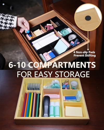 Office Drawer Organizer, Bamboo Desk Drawer Organizer with 4 Removable Dividers, Desk Organizers and Accessories with 10 Adjustable Compartments for Office Home (Gray) - Image 5