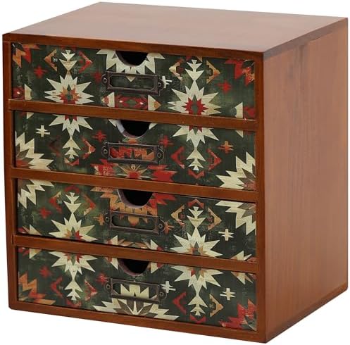 Boho Green Wooden Desk Organizer with Drawers – 4-Drawer Desktop Storage Box – Rustic Tribal Wood Desk Organizer for Office, Vanity, or Craft Supplies – Compact & Stylish Wooden Storage Drawers by Woodaholic