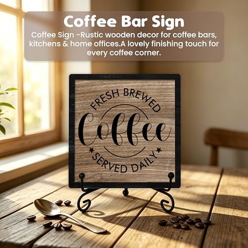 Coffee Bar Sign, Fresh Brewed Coffee Served Daily Sign, 5x5 Wood Plaque with Iron Stand, Kitchen Cafe Tabletop Decor – A05 - Image 4