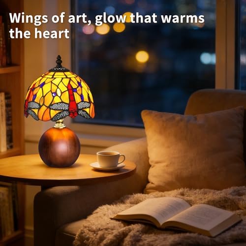 12.2" Retro Dragonfly Tiffany Small Table Lamp with Wood Base - Image 5