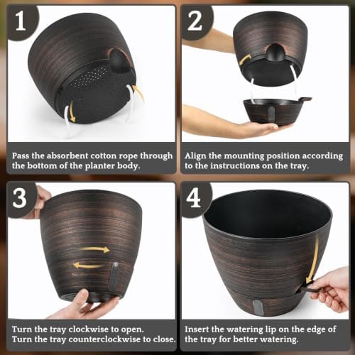ZMTECH 12 Inch Self Watering Pots for Indoor/Outdoor Plants, 2 Pack Bronze Large Plastic Planter with Water Level Indicator, Drainage Hole & Removable Saucer for Garden Flowers, Deco Plant Container - Image 5