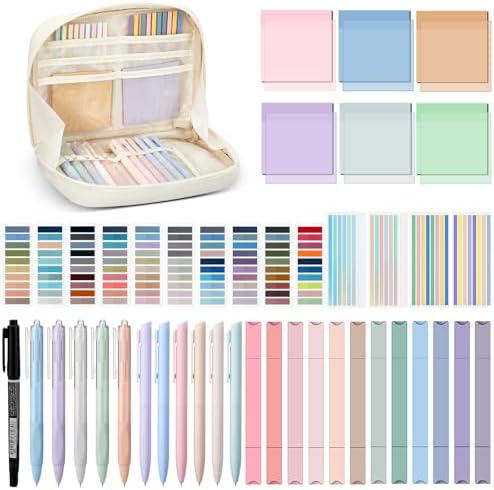 135 Pcs Book Annotation Kit Aesthetic Pencil Case Bag 12 Highlighter 11 Gel Pen 1 Marker 300 Sheet Transparent Sticky Notes Pad 2640 Index Stickers Bible Study Supplies(Kawaii,Beige) by Trandraft