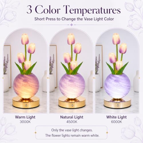 Tulip Table Lamp, Rechargeable Cordless Touch Dimming Artificial Tulip Flower Desk Lamp, LED Flower Bedside Night Light Romantic Gifts for Girl Women Mom (Purple Tulip) - Image 3