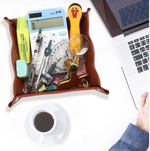 Valet Tray for Men Women - PU Leather Travel Catchall Tray Organizer - Desk Bedside Nightstand Storage Box for Jewelry Key Phone Remote Controller Wallet Watch Glasses Coin Readers -Brown - Image 2