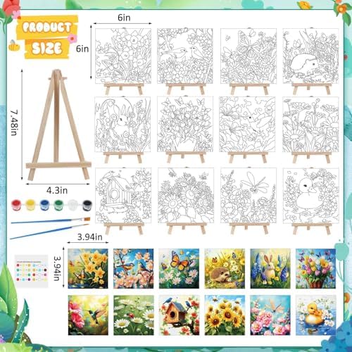 Tenceur 12 Sets Pre Drawn Canvas to Paint Adult Stretched Coloring Painting Canvas Panels with Design Easel and Brushes for Party Supplies Beginner Favor(Garden) - Image 2