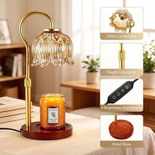 Dreamholder Electric Candle Warmer Lamp with Timer, Dimmable Candle Lamp with Adjustable Height, Glass Wax Melter for Jar Candles Wood Base Floral Home Decor Gifts for Women Mom, Walnut Wood - Image 3