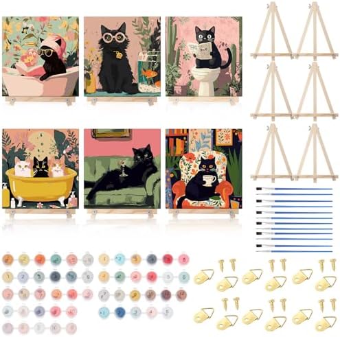 YooNotee 6 Pack Black Cat Paint by Numbers Kit on Canvas with Wooden Easels & Brushes, 8x8 Inch Black Cat Adult Paint by Number Kits on Canvas Framed, DIY Number Paintings for Adults for Wall by Unknown