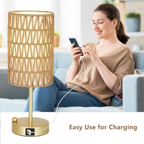 Gold Bedside Lamps Set of 2, Touch Control Night Stand Lamp for Bedroom with Rattan & Linen Shade & Bulbs, 3 Way Dimmable Small Boho Table Lamps with USB Charging Port & Phone Stand - Image 5