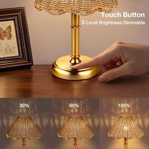 Mini Cordless Boho Rattan Table lamp, 5200-mAh Rechargeable Battery, 3-Level Brightness Dimmable, Build-in Integrated LED 320 Lumen Max, Rattan Shade, for Bedside Restaurant Dining Table - Image 4