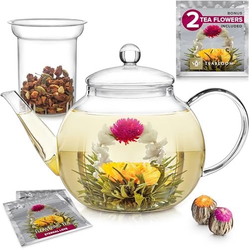 Teabloom Stovetop & Microwave Safe Glass Teapot with Removable Loose Tea Glass Infuser – Includes 2 Blooming Teas – 2-in-1 Tea Kettle and Tea Maker – Tea Purist's Choice by Teabloom