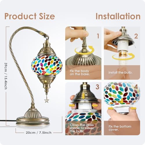 Yarra-Decor Turkish Moroccan Lamp with Bronze Base 3 Color Options Handmade Swan Neck Mosaic Glass Bedside Lamps for Bedroom (LED Bulb Included)(Colorful3) - Image 5