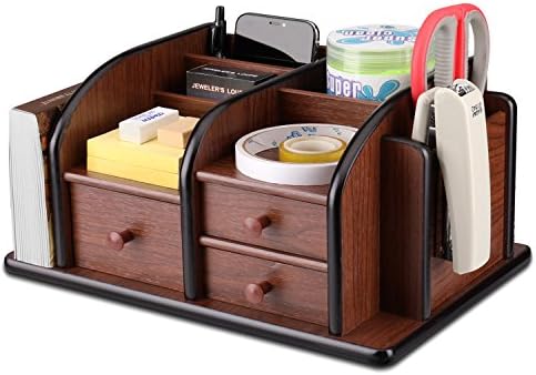 Flexzion Wooden Desk Organizer w/Drawers - Classic Wood Office Supplies Accessories Desktop Tabletop Sorter Shelf Rack Cherry Brown Pencil Holder Caddy Set with 3 Drawers, 3 Compartments & 2 Shelves by Flexzion