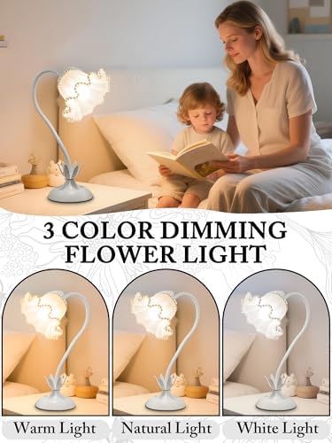 Flower Table Lamp, LED Reading Light Vintage Night light (White Pearls) - Image 3