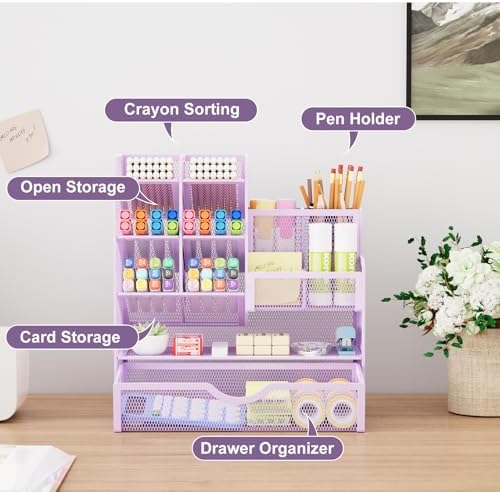 Marbrasse Mesh Pen Holder for Desk, Multi-Functional Pencil Organizer with Drawer, Desk Organizers and Accessories for Office Art Supplies (Purple) - Image 2
