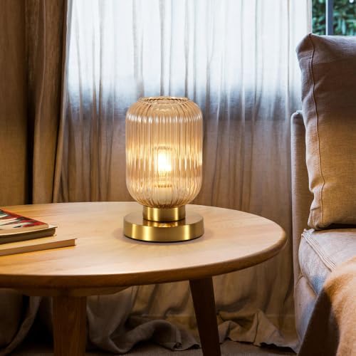 Rechargeable Amber Glass Table Lamp,Vintage Ribbed Bedside Lamp - Image 4
