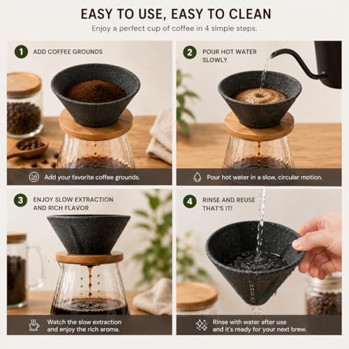 Reusable Drip Ceramic Coffee Filter With Premium Bamboo Tray, High Temperature Resistant, No Paper Pour Over Coffee Makers, Large Capacity for Home-Office-Travel Coffee Brewing - Image 5