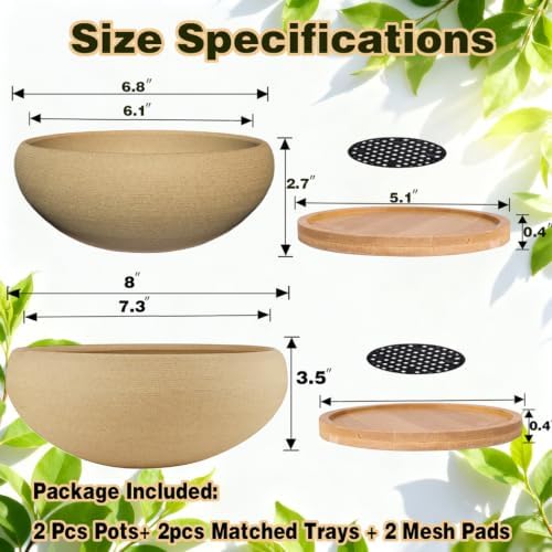 MUZHI 2 Pack 8+6 Inch Plant Pot - Natural Unglazed Ceramic Bonsai Pot with Bamboo Saucer, Large Vintage Clay Shallow Planter Pot with Drainage Hole - Image 2