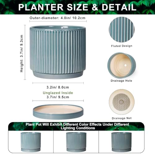 4 Inch Pots for Plants, Ceramic Planter with Saucer, Glaze Blue - Image 2