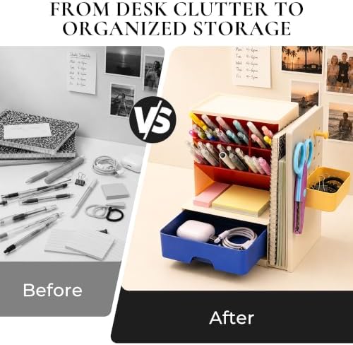 Desk Organizer with Drawer, Pen Holder with Slanted Pen Grooves Color - Image 6