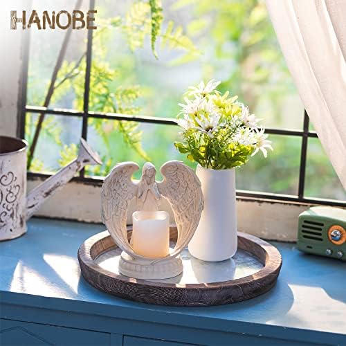 Hanobe Round Wood Decorative Tray: Rustic Wooden Tray for Coffee Table Farmhouse Centerpiece Mirror Candle Holder Vintage Mirrored Bar Plate Ottoman Topper for Home Decor Bathroom Kitchen - Image 2