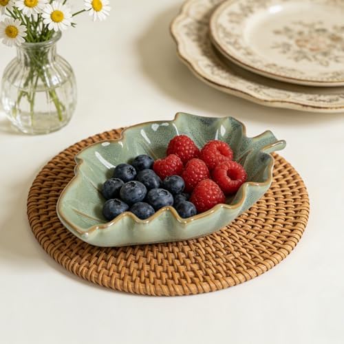 Ceramic Leaf Shaped Dish 7.1" x 5.3" Small Decorative Tray for Jewelry, Soap, Keys, Snacks, Green Glazed Leaf Bowl for Bathroom Vanity, Kitchen Counter, Boho Farmhouse Home Decor - Image 3