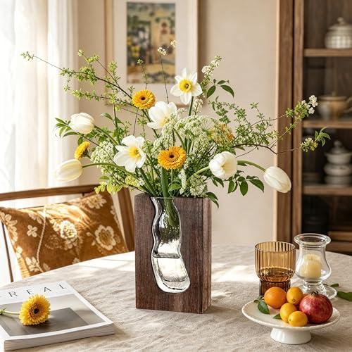 Wood and Glass Inlay Vases Farmhouse Wooden Glass Flower Vase Solid Wood Glass Vase Home Decor Vases for Centerpiece (9.44 Inches) - Image 2
