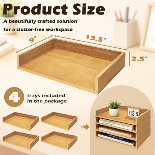 PROLEE 4 Pack Stackable Paper Tray, Wooden Paper Tray Organizer with Letter Tray, Paper Holder for Desk, Desktop File Storage Rack for Study, Home and Office (Oak) - Image 3