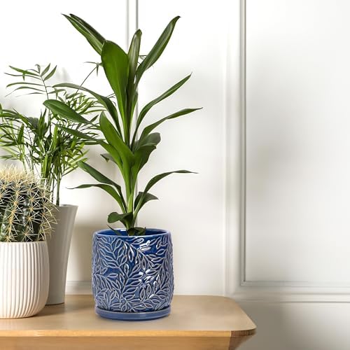D'vine Dev Embossed Leaves Ceramic Planter, 5 in, Midnight Blue, 27-A-V-3 - Image 5